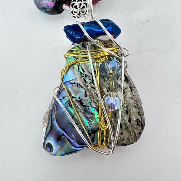 Handcrafted Abalone Shell Pendant Assemblage Art Mixed Media Necklace Leather - Picture 1 of 11